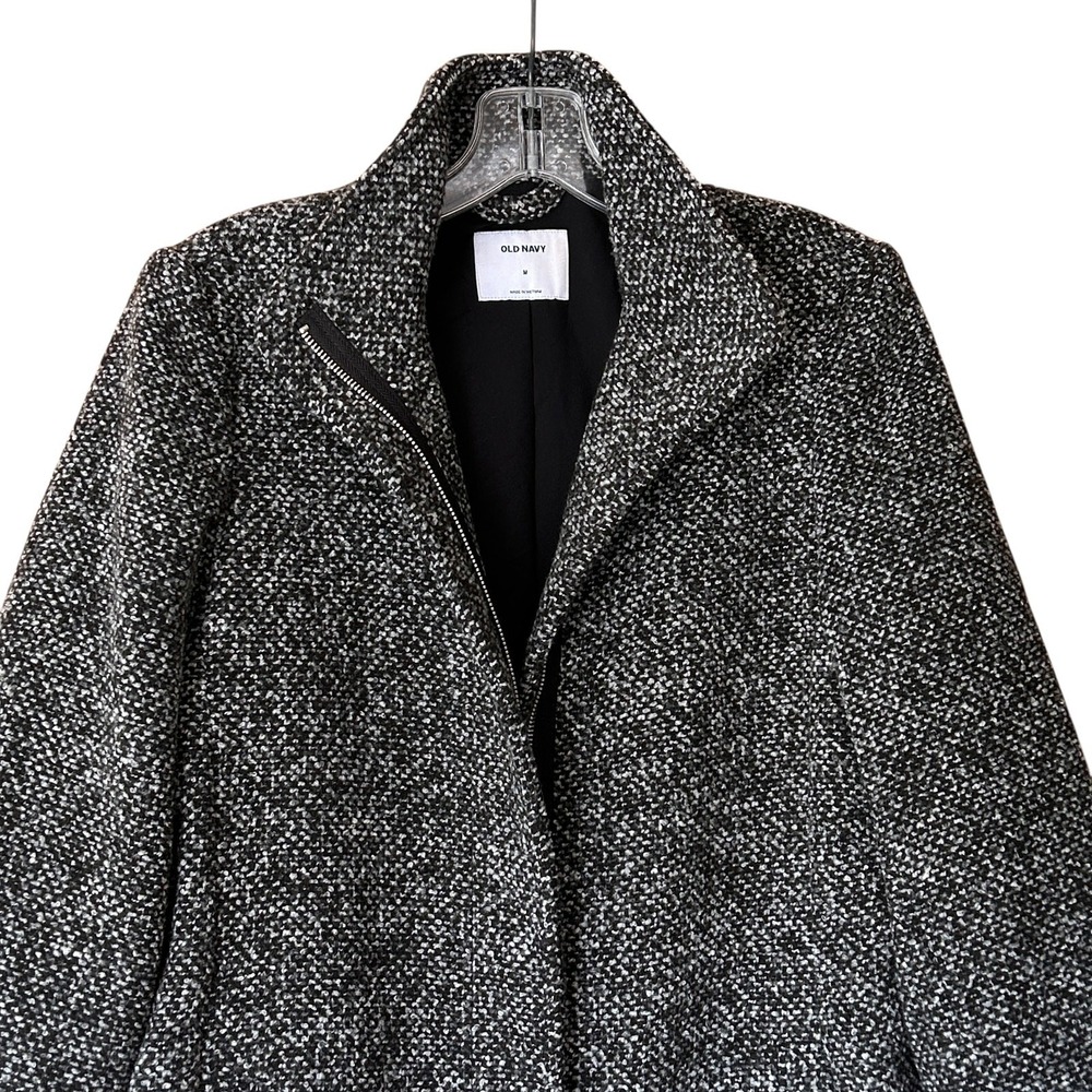 Old Navy Women's Tweed Coat Size M Black Marl Funnel Neck Zip Front Jacket - Picture 6 of 9